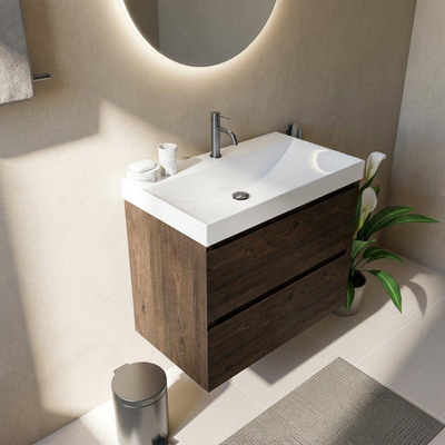 Saniclass Holz Pure Ensemble de meubles de salle de bains - 80x45x67.5cm - Wave lavabo en céramique - 1 vasque - 1 trou de robinetterie - 2 tiroirs - chêne charcoal mat (bois)