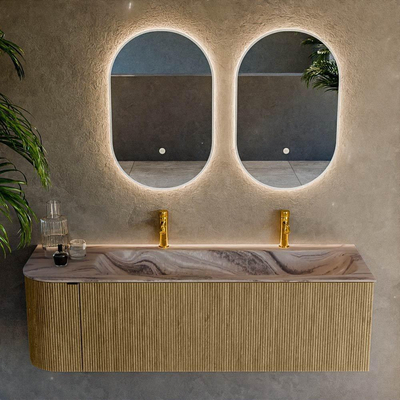 MONDIAZ KURVE-DLUX 145cm badmeubel ronding Links kleur Dusk met 1 lade en 1 deur. Wastafel BIG LARGE Rechts 2 kraangaten Sombra.