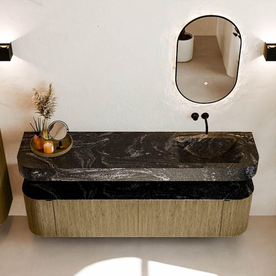 MONDIAZ THOR-DLUX Meuble de salle de bains 180cm arrondi gauche + droite couleur Dusk avec 2 tiroirs et 2 portes. Vasque suspendue CLOUD Droite sans trou de robinet couleur Lava.