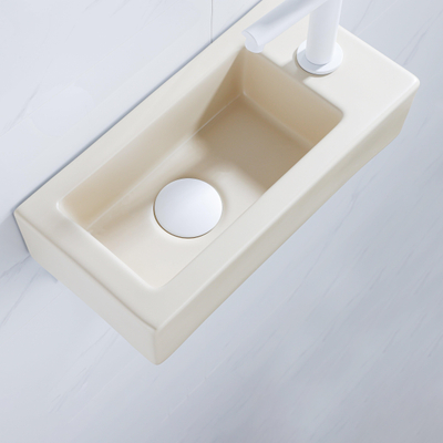 QeramiQ Fuente Ensemble lave-mains - 37.5x18.5x9cm - céramique - trou de robinet à droite - robinet de lave-mains blanc mat - bouchon de vidage - siphon abaissé - Beige mat