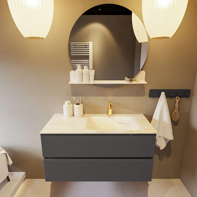 Mondiaz VICA-DLUX Ensemble de meuble de salle de bain - 100cm - meuble sous-vasque gris foncé - 2 tiroirs - lavabo encastré cloud droite - 1 trou de robinet - version haute de 60cm - ostra