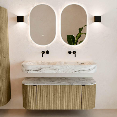 MONDIAZ THOR-DLUX 120cm meuble de salle de bains arrondi gauche + droite couleur Dusk avec 1 tiroir et 2 portes. Vasque suspendue CLOUD Double sans trou de robinet couleur Glace.