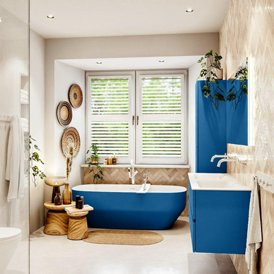 Mondiaz VICA ensemble de meuble de salle de bain - 120cm - meuble sous-vasque jeans - 4 tiroirs - lavabo cloud double - sans trous de robinet - couleur talc - miroir LED - version XL 60cm de haut