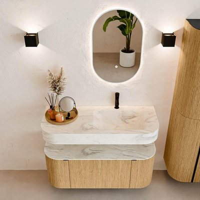 MONDIAZ THOR-DLUX 110cm badmeubel ronding links + rechts kleur Oak met 1 lade en 2 deuren. Vrijhangende wastafel CLOUD Rechts 1 kraangat kleur Ostra.