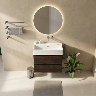 Saniclass Holz Pure Ensemble de meubles de salle de bains - 80x45x72cm - vasque Legend en céramique blanche - 1 vasque - sans trou de robinet - 2 tiroirs - chêne charcoal mat (bois)
