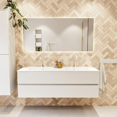 MONDIAZ VICA meuble sous lavabo 150cm Talc 2 tiroirs. Lavabo CLOUD double 2 trous de robinet, couleur Talc.