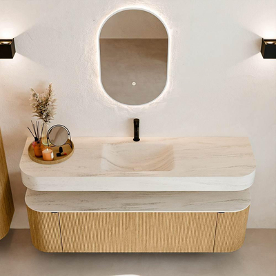 MONDIAZ THOR-DLUX 160cm badmeubel ronding links + rechts kleur Oak met 1 lade en 2 deuren. Vrijhangende wastafel CLOUD Midden 1 kraangat kleur Meli.