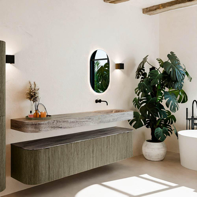 MONDIAZ THOR-DLUX Meuble de salle de bains 190cm arrondi gauche + droite couleur Shadow avec 2 tiroirs et 2 portes. Vasque suspendue CLOUD Droite sans trou de robinet couleur Oza.