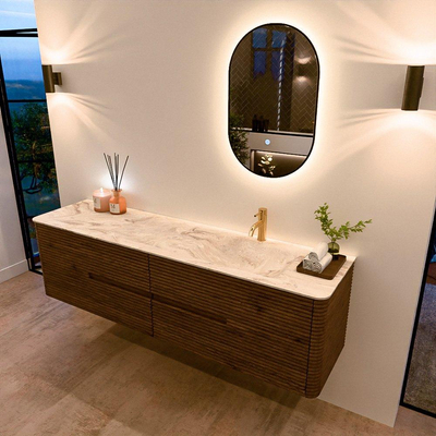 Mondiaz CIRO-DLUX Badkamermeubelset - 180x45x50cm - Solid surface wastafel Frappe - 1 wasbak Rechts - 1 kraangat - 4 lades - Dusk