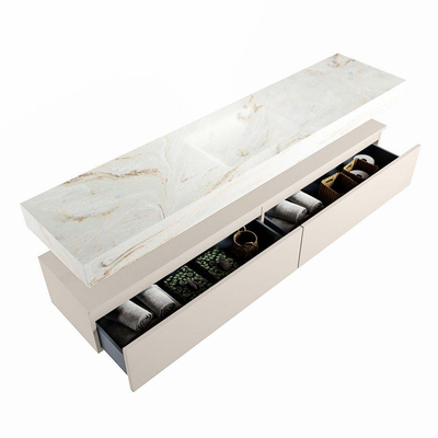 Mondiaz ALAN-DLUX Ensemble de meuble - 200cm - meuble Linen mat - 2 tiroirs - Lavabo Cloud Frappe suspendu - vasque Centre - 0 trous de robinet