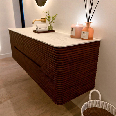 Mondiaz CIRO-DLUX Ensemble de meubles de salle de bains - 150x45x50cm - plan-vasque solid surface Opalo - 1 vasque à gauche - sans trous de robinet - 4 tiroirs - Ruby