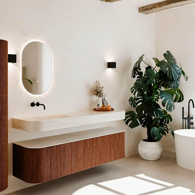 MONDIAZ THOR-DLUX Meuble de salle de bains 170cm arrondi gauche + droite couleur Ruby avec 1 tiroir et 2 portes. Vasque suspendue CLOUD Gauche sans trou de robinet couleur Meli.