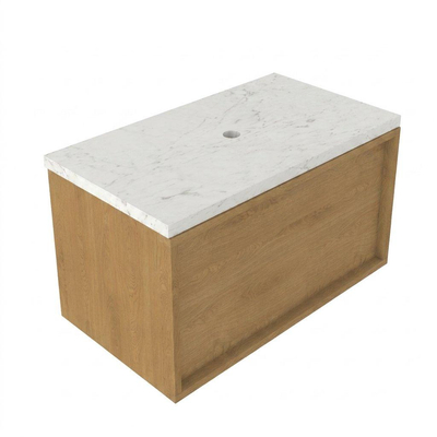 Saniclass Holz Frame Ensemble meuble de salle de bains - 80x45x43cm - Plan vasque en marbre Dia poli (blanc) - sans trou de robinetterie - 1 tiroir - chêne natural mat (bois)
