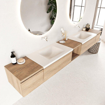 Mondiaz BUKLA badkamermeubelset 280x45x34cm 0 kraangaten 2 wasbakken solid surface Talc greeploos 4 lades met softclose Melamine Washed Oak