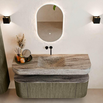 MONDIAZ THOR-DLUX 140cm meuble de salle de bains arrondi gauche + droite couleur Shadow avec 1 tiroir et 2 portes. Vasque suspendue CLOUD Milieu sans trou de robinet couleur Oza.