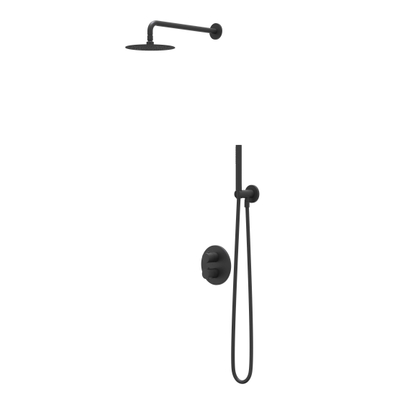IVY Bond Ensemble de douche de tête - encastré - inverseur d'arrêt 2 voies - bras de plafond 30 cm - douche de tête slim ronde 20 cm - barre de douche avec sortie - flexible de douche 150 cm - douchette à main satin spray - Noir mat PED