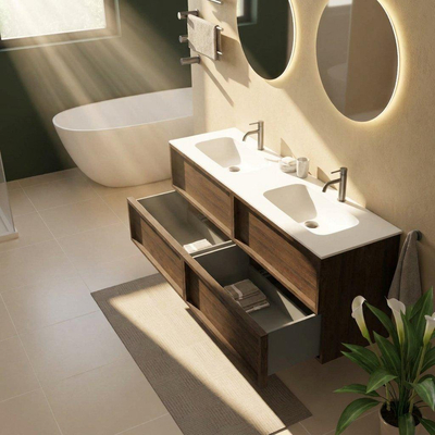 Saniclass Holz Frame Ensemble de meubles de salle de bains - 160x45x61.5cm - Flow lavabo en solid surface blanc - 2 vasques - 2 trous de robinet - 4 tiroirs - chêne charcoal mat (bois)