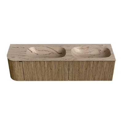 MONDIAZ KURVE-DLUX Meuble de salle de bains 165 cm arrondi à gauche couleur Dusk avec 2 tiroirs et 1 porte. Lavabo STOR SMALL Double / Droite 2 trous de robinet Arena.