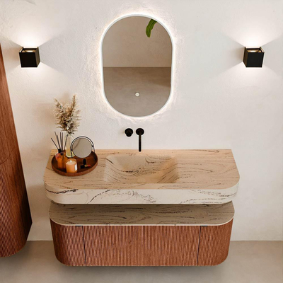 MONDIAZ THOR-DLUX 130cm meuble de salle de bains arrondi gauche + droite couleur Ruby avec 1 tiroir et 2 portes. Vasque suspendue CLOUD Milieu sans trou de robinet couleur Arena.