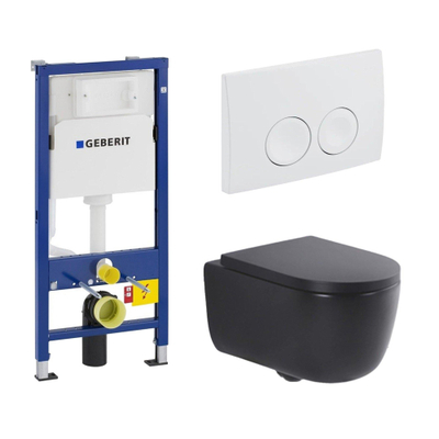 QeramiQ Dely Swirl Pack WC - 36.5x53cm - réservoir encastré Geberit UP100 - 35mm Abattant WC - plan de couverture blanche - boutons ronds - noir mat