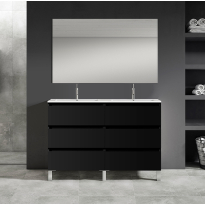 Adema Chaci PLUS Ensemble de meuble - 119x86x45.9cm - 2 vasques ovalez en céramique Blanc - 2 trous de robinet - 6 tiroirs - miroir rectangulaire - Noir mat