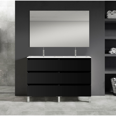 Saniclass Chaci PLUS Meuble de salle de bain - 120x86x46cm - lavabo en céramique blanc - 2 vasques ovales - 2 trous de robinet - 6 tiroirs - miroir rectangulaire - noir mat