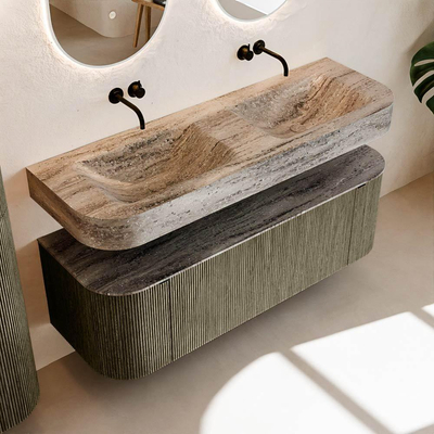 MONDIAZ THOR-DLUX Meuble de salle de bains 140cm arrondi gauche + droite couleur Shadow avec 1 tiroir et 2 portes. Vasque suspendue CLOUD Double sans trou de robinet couleur Oza.