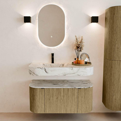 MONDIAZ THOR-DLUX 100cm meuble de salle de bains arrondi gauche + droite couleur Dusk avec 1 tiroir et 2 portes. Vasque suspendue CLOUD Gauche 1 trou de robinet couleur Glace.