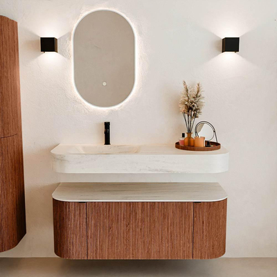 MONDIAZ THOR-DLUX Meuble de salle de bains - 120cm - arrondi gauche + droite - couleur Ruby - 1 tiroir - 2 portes - Vasque suspendue CLOUD Gauche 1 trou de robinet - couleur Meli