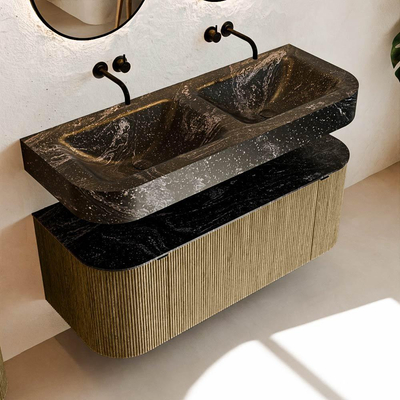 MONDIAZ THOR-DLUX 120cm meuble de salle de bains arrondi gauche + droite couleur Dusk avec 1 tiroir et 2 portes. Vasque suspendue CLOUD Double sans trou de robinet couleur Lava.