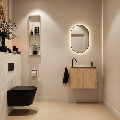MONDIAZ TURE-DLUX Meuble toilette - 60cm - Washed Oak - EDEN - vasque Ostra - position gauche - 1 trou de robinet