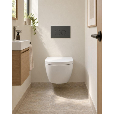 QeramiQ Dely Swirl Compact Toiletset - inbouwreservoir Geberit UP320 - met Burda frame - 25mm zitting - kunststof bedieningsplaat mat antraciet - ronde knoppen - mat wit