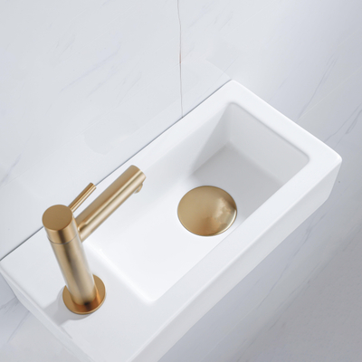 QeramiQ Fuente fonteinset – 37.5x18.5x9 cm – keramiek wit mat – kraangat links – geborsteld gouden kraan