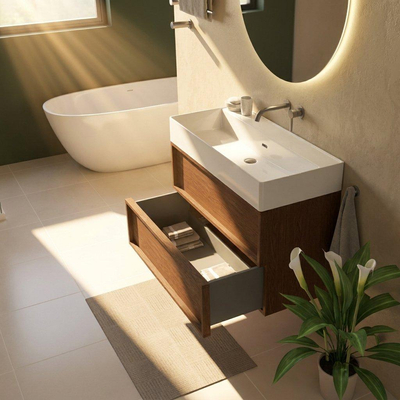 Saniclass Holz Frame Ensemble meuble de salle de bains - 100x45x72cm - Lavabo Legend en céramique blanc - 1 vasque - sans trou de robinetterie - 2 tiroirs - noyer pure mat (bois)