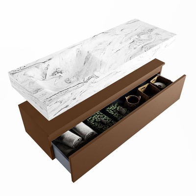 Mondiaz ALAN-DLUX Ensemble de meuble - 130cm - meuble Rust mat - 1 tiroir - Lavabo Cloud Glace suspendu - vasque Gauche - 1 trou de robinet