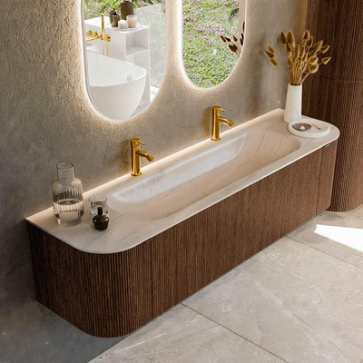 MONDIAZ KURVE-DLUX 170cm badmeubel ronding Links + Rechts kleur Walnut met 1 lade en 2 deuren. Wastafel BIG LARGE Midden 2 kraangaten Meli.