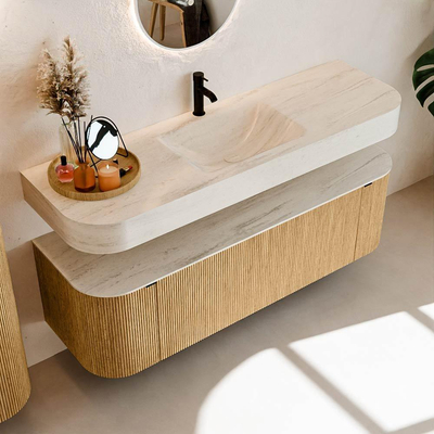 MONDIAZ THOR-DLUX 150cm meuble de salle de bains arrondi gauche + droite couleur Oak avec 1 tiroir et 2 portes. Vasque suspendue CLOUD Milieu 1 trou de robinet couleur Meli.