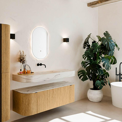 MONDIAZ THOR-DLUX Meuble de salle de bains 140cm arrondi gauche + droite couleur Oak avec 1 tiroir et 2 portes. Vasque suspendue CLOUD Centre sans trou de robinet couleur Nata.