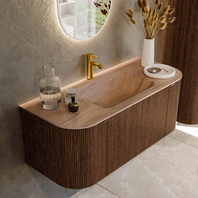 MONDIAZ KURVE-DLUX meuble de salle de bains 110cm arrondi Gauche + Droite couleur Walnut avec 1 tiroir et 2 portes. Plan-vasque CLOUD central 1 trou de robinet Saba.