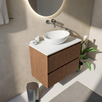 Saniclass Holz Atelier Ensemble de meubles de salle de bains - 80x45x62.5cm - plan de toilette Torino en solid surface blanc - sans trou de robinet - 2 tiroirs - walnut pure mat (bois)