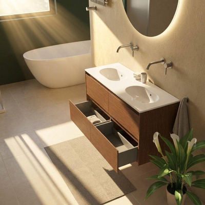 Saniclass Holz Pure Ensemble de meubles de salle de bains - 120x45x74cm - lavabo Chaci en céramique blanc - 2 vasques - sans trous de robinetterie - 4 tiroirs - walnut pure mat (bois)