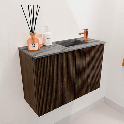 Mondiaz JOYA-DLUX 60cm toiletmeubel - kleur Walnut - Wastafel FAYE positie Rechts 1 kraangat kleur Sombra.