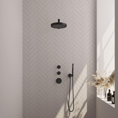 BRAUER Stripe Thermostatische Inbouw Regendouche - SET 01 - 25cm douchekop - rechte muurarm - staaf handdouche - doucheslang - wandaansluitbocht - mat zwart