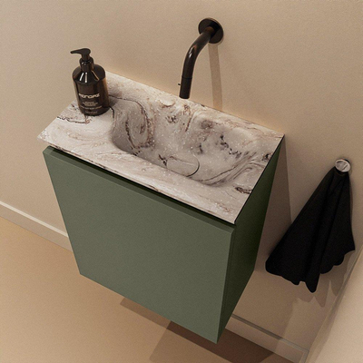 MONDIAZ TURE-DLUX Meuble de toilette 40 cm Army. Lavabo EDEN Glace position à droite. Sans trou de robinet.