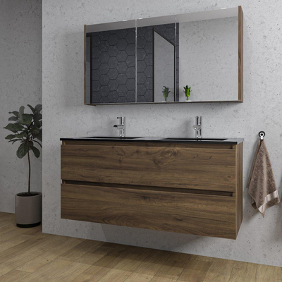 Adema Chaci Ensemble de meuble - 120x46x57cm - 2 vasques en céramique noire - 2 trous de robinet - 2 tiroirs - armoire de toilette - noix