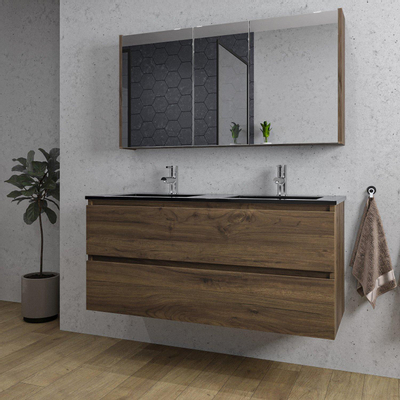 Saniclass Chaci Ensemble meuble de salle de bains - 120x46x55cm - vasque en céramique noire - 2 vasques - 2 trous de robinet - 2 tiroirs - armoire de toilette - Noyer (bois)