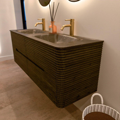 Mondiaz CIRO-DLUX Badkamermeubelset - 140x45x50cm - Solid surface wastafel Lava - 2 wasbak Dubbel - 2 kraangaten - 4 lades - Shadow