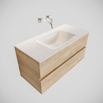 MONDIAZ VICA Ensemble de meuble salle de bain - 100cm - 2 tiroirs - lavabo Cloud au centre - 0 trous de robinet - solid surface chêne blanchi
