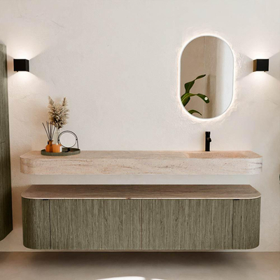 MONDIAZ THOR-DLUX Meuble de salle de bains 190cm arrondi gauche + droite couleur Shadow avec 2 tiroirs et 2 portes. Vasque suspendue CLOUD Droite 1 trou de robinet couleur Saba.