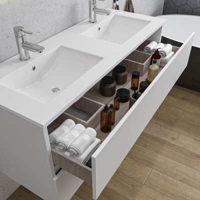 Adema Chaci Ensemble meuble de salle de bains - 120x46x57cm - 2 vasques en céramique blanche - 2 trous pour robinets - 2 tiroirs - miroir rectangulaire - blanc mat